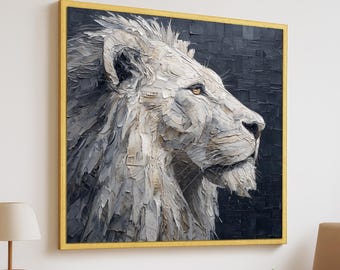 May include: A textured oil painting of a lion's profile, rendered in shades of white, gray, and black. The lion's mane and face are detailed with visible brushstrokes, set against a dark background. The artwork is framed in a gold-colored wooden frame.