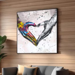 Graffiti Heart Canvas Art - Vibrant and Monochrome Hands in Love Shape - Street Art Wall Decor for Urban Style - Modern Home or Office
