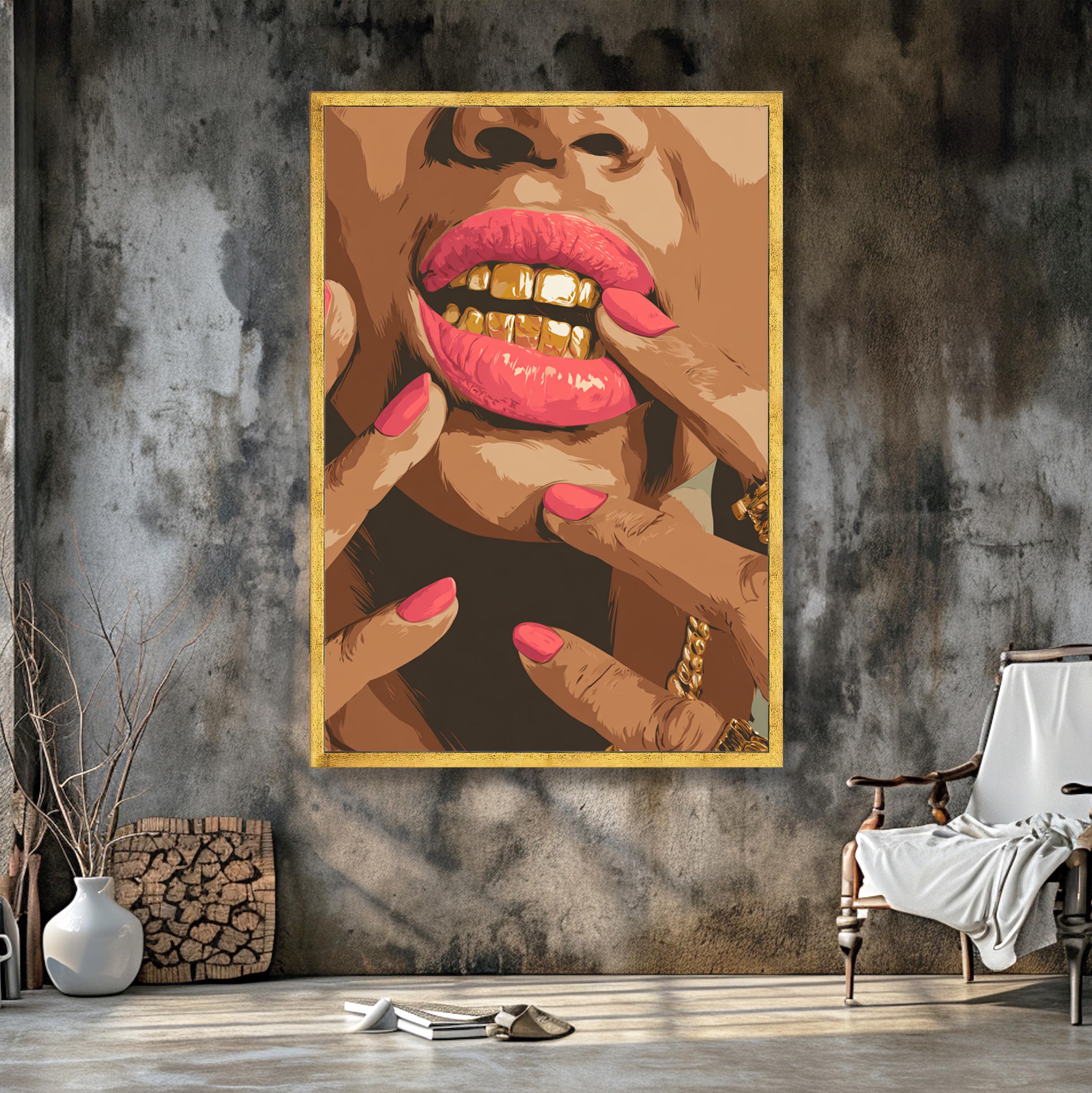Pink Lips Gold Grill Wall Art - Black Woman Glam Canvas Print - Bold ...