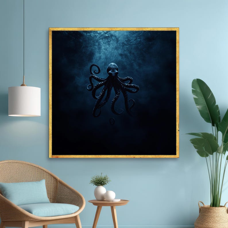 May include: A framed art print featuring a dark blue octopus in a deep sea setting. The octopus is black with detailed tentacles, set against a dark blue background with subtle light rays. The frame has a gold finish.