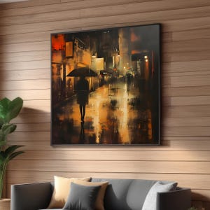 Rainy Night Cityscape Canvas Art – Abstract Street Scene with Umbrella - Warm Tones & Reflections - Modern Urban Wall Art for Cozy Decor
