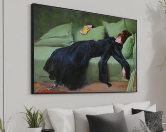 Elegant Woman Lounging Canvas – Realistic Art of Woman Relaxing on Sofa with Book – Serene & Contemplative Wall Art for Classic Home Decor