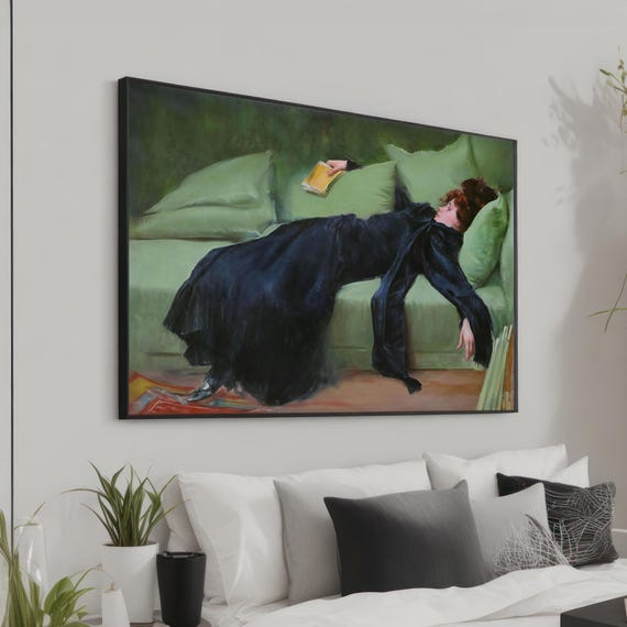 Elegant Woman Lounging Canvas – Realistic Art of Woman Relaxing on Sofa with Book – Serene & Contemplative Wall Art for Classic Home Decor