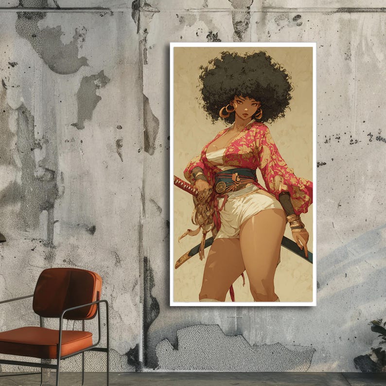 K&ouml;nnte beinhalten: Illustration einer Frau mit gro&szlig;em Afro, die einen roten Blumenkimono, wei&szlig;e Shorts und goldene Creolen tr&auml;gt. Sie h&auml;lt ein Katana-Schwert. Das Kunstwerk hat eine Vintage-&Auml;sthetik.