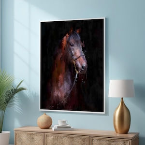 Arte em tela de retrato dramático de cavalo - Impressão de arte colorida de cavalo em fundo preto - Decoração de parede pronta para pendurar - Impressão sofisticada de animais