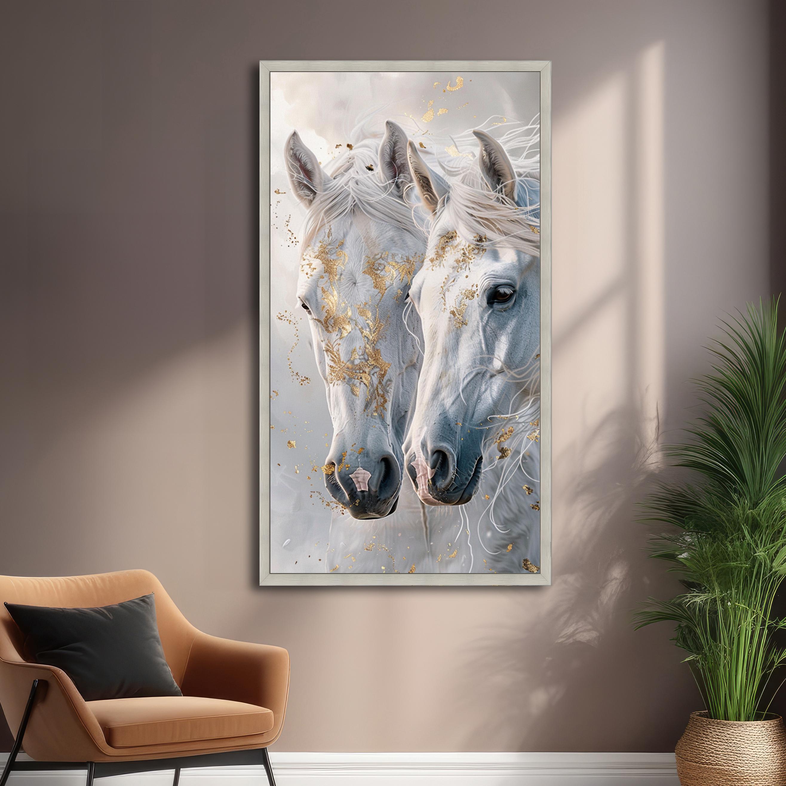 Two White Horses Canvas Wall Art - Romantic Horse Portrait Print - Gold ...