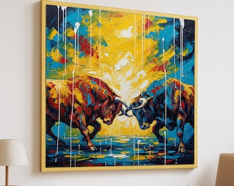 May include: A framed abstract painting depicts two bulls in a head-to-head confrontation. The artwork uses bold brushstrokes and a vibrant palette of red, yellow, blue, and white. The painting is encased in a gold frame, adding a touch of elegance.