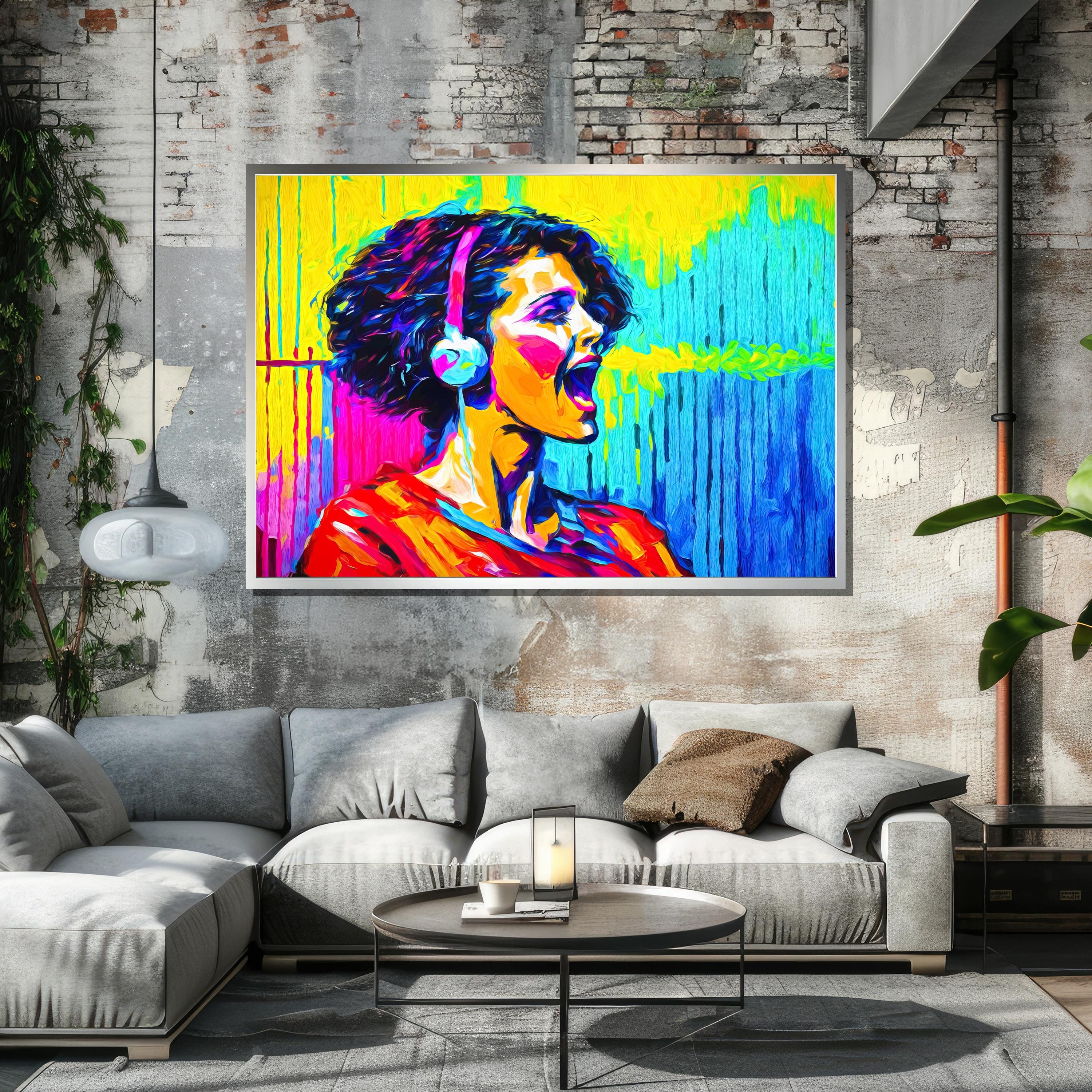 アート・デザイン・音楽 Vivid Style in Colour Vibrant Pop Art Canvas of Singing Woman - Bold Music-inspired Wall