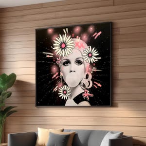Retro Pop Art Portrait with Pink Daisies Canvas Art - 1960s Bubblegum Fashion Icon - Modern Street Art - Bold Surrealism Wall Decor