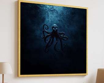 Deep Sea Octopus Wall Art – Dark Ocean Underwater Animal Canvas - Mysterious Marine Art Print - Modern Nautical Home Decor - Aquatic Art