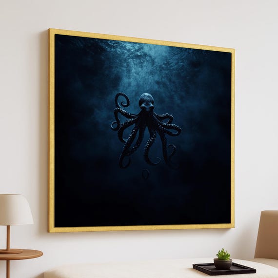 Deep Sea Octopus Wall Art – Dark Ocean Underwater Animal Canvas - Mysterious Marine Art Print - Modern Nautical Home Decor - Aquatic Art