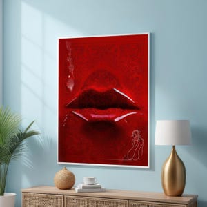 Glossy Red Lips Art Print with Intricate Pattern – Bold Surreal Canvas for Modern Interiors - Glamorous Wall Decor - Sophistication Art