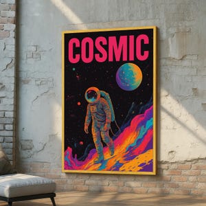 Cosmic Astronaut Canvas Art – Psychedelic Space Poster – Neon Sci-Fi Wall Decor – Retro Futuristic Astronaut Print – Trippy Galaxy Wall Art