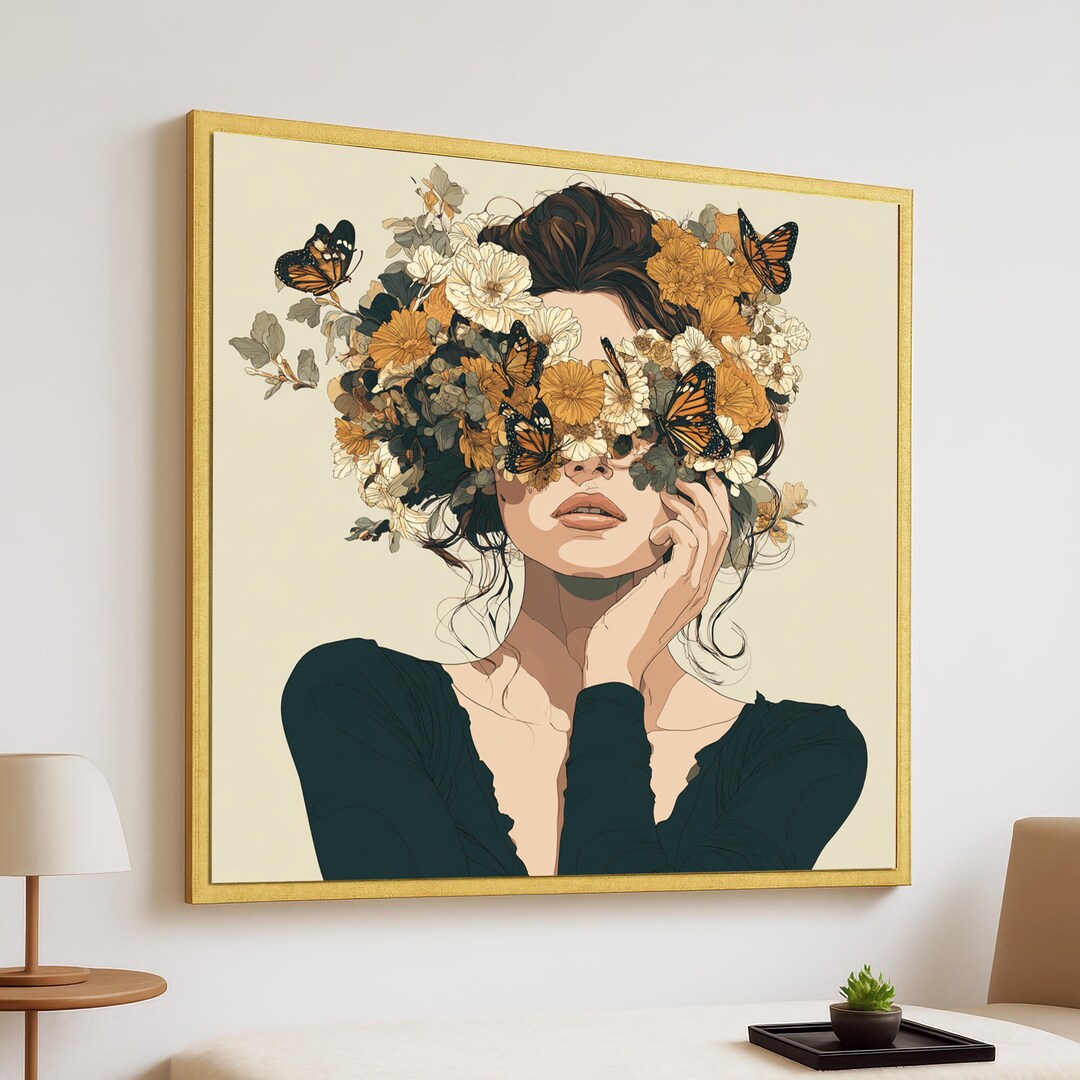 Butterfly Floral Woman Art – Autumn Botanical Portrait Canvas - Surreal ...