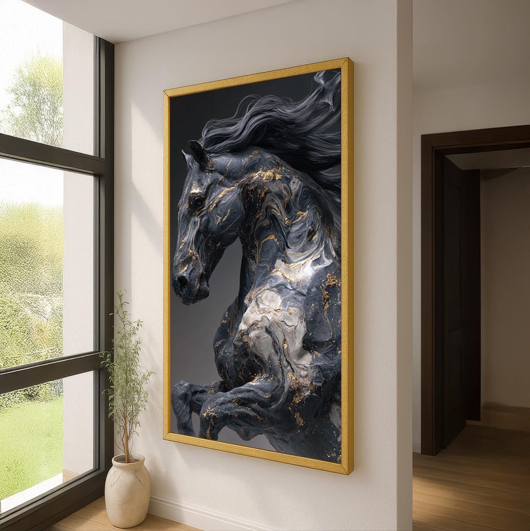 Abstract Black Horse Canvas Wall Art - Luxury Gold Vein Horse Painting ...