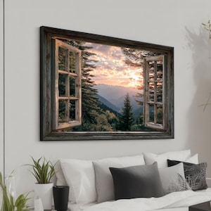 Cuadro con vista a la montaña desde la ventana - Impresión de paisaje rústico natural - Decoración de pared de bosque al atardecer - Obra de arte con vista a una acogedora cabaña - Arte panorámico de montaña