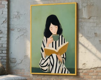 Woman Reading with Tea Wall Art – Minimalist Book Lover Print - Cozy Modern Canvas - Calm Feminine Portrait - Green Aesthetic Home Decor