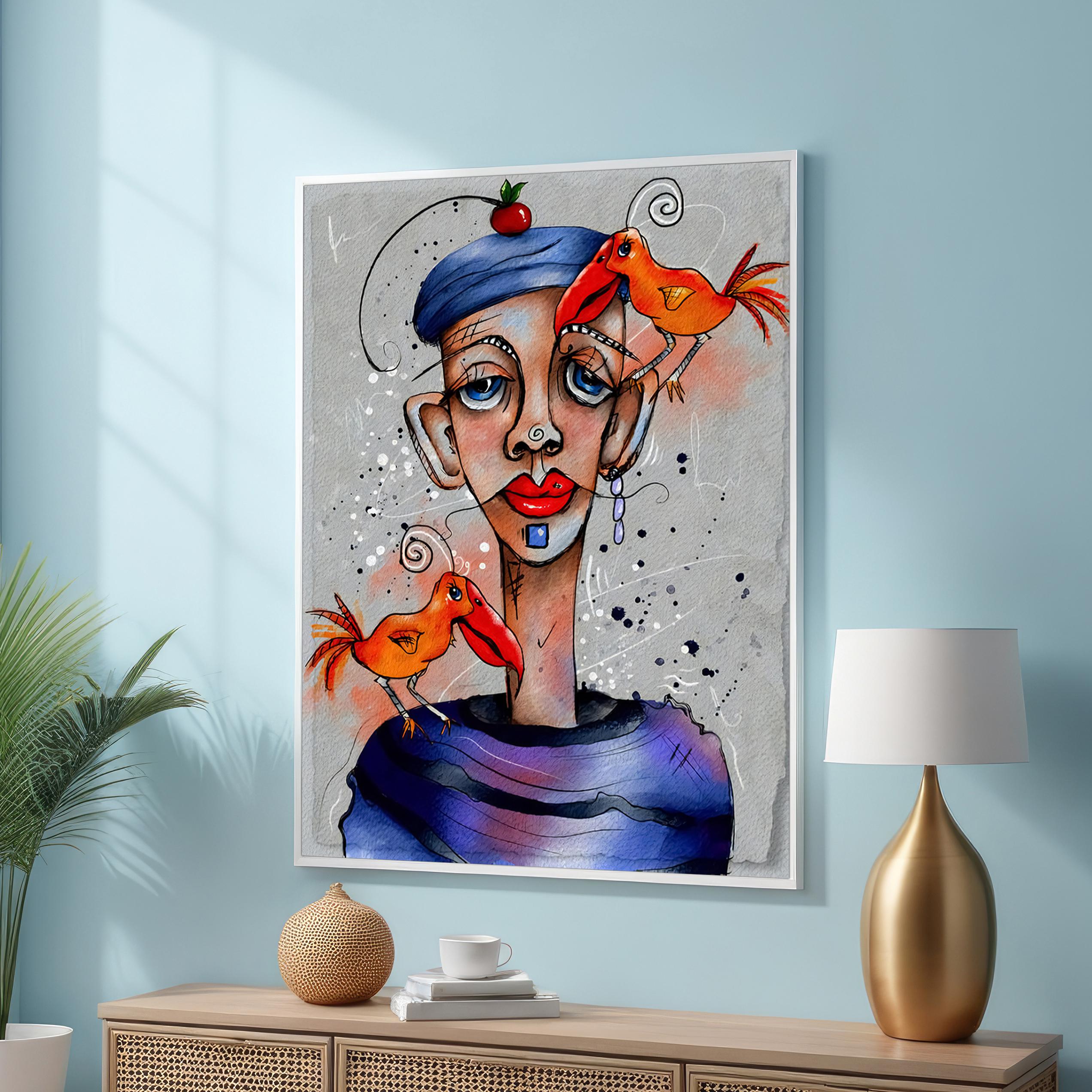 Whimsical Surreal Portrait With Orange Birds and Cherry Canvas Art