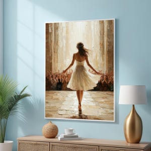 Elegante danserskunst - ballerina op podium met applaus - gloeiende witte jurk afdrukken - impressionistisch ballet muurdecor - lichte scène