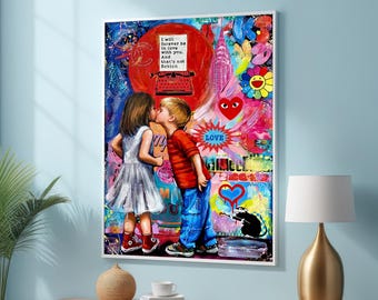 Graffiti kinderkunstdoek – Gedurfde pop-art liefdesscène met street art-elementen - kleurrijk stedelijk muurdecor voor moderne en creatieve ruimtes