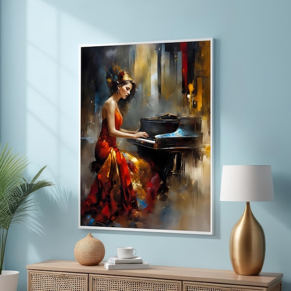 lady in red dress playing piano painting Elegant Player Art - Musician Canvas Art - Passionate Impressionist Woman at Piano - Sophisticated Music Wall Art Decor antique painting of woman playing piano