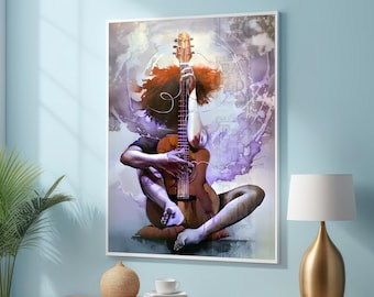 Músico enredado con guitarra - Lienzo de arte musical abstracto - Colores fluidos de ensueño - Arte de pared creativo con guitarra - Impresión de músico - Decoración enmarcada