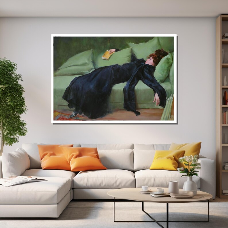 May include: A painting of a woman in a black dress lying on a green couch. She is holding a book in her hand and her eyes are closed.