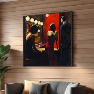 Noir Bar Scene Canvas Print - Cinematic Realism, Red Dresses, Vintage Nightlife Art - Film Noir Style - Intriguing Mood Lighting Wall Decor