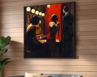 Noir Bar Scene Canvas Print - Cinematic Realism, Red Dresses, Vintage Nightlife Art - Film Noir Style - Intriguing Mood Lighting Wall Decor