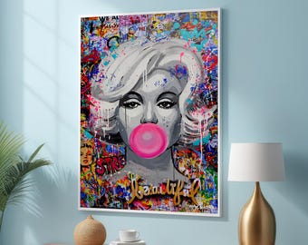 Iconic Pop Art Graffiti Canvas Art Print - Marilyn Monroe Blowing Bubble Gum - Vibrant Urban Street Art Wall Decor for Modern and Edgy Homes
