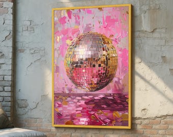 Roze gouden discobal Art Print - glamour abstracte muurkunst - modern metallic canvas - felroze esthetisch decor - discobal schilderij
