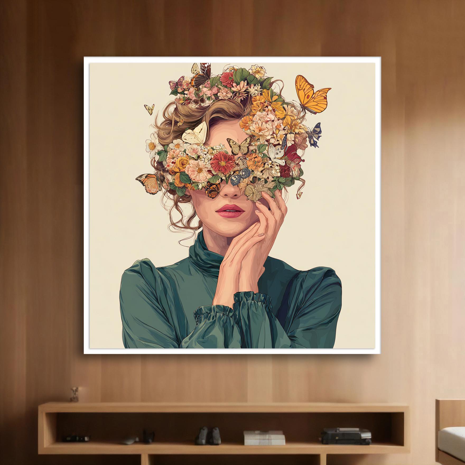 Floral Butterfly Woman Art – Elegant Botanical Portrait Canvas ...