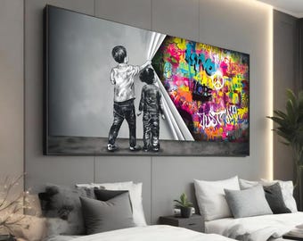 Children Uncovering Justice Canvas - Vibrant Graffiti Art - Social Street Art Print - Colorful Modern Decor - Love, Equality, Freedom Theme