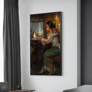 Escena romántica a la luz de las velas: mujer antigua leyendo una carta a la luz de las velas: arte en lienzo de realismo clásico para una decoración del hogar elegante y atemporal