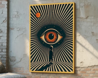 Surreal Cosmic Eye Wall Art - Psychedelic Child and Universe Print - Retro Futuristic Poster with Radiant Rays and All-Seeing Eye Home Decor