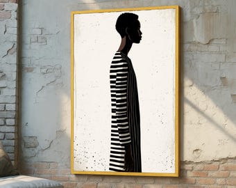 May include: A framed art print featuring a side profile of a person in a black and white striped garment. The artwork has a minimalist style with a gold frame and is displayed against a white background with subtle speckles.