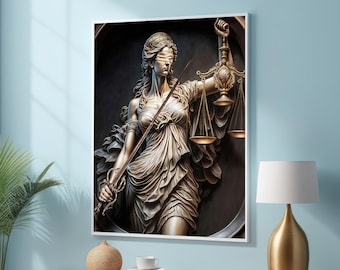Lady Justice Canvas Print - Classical Law Symbol Wall Art - Blindfolded Statue with Scales and Sword - Neoclassical Justice  Powerful Decor