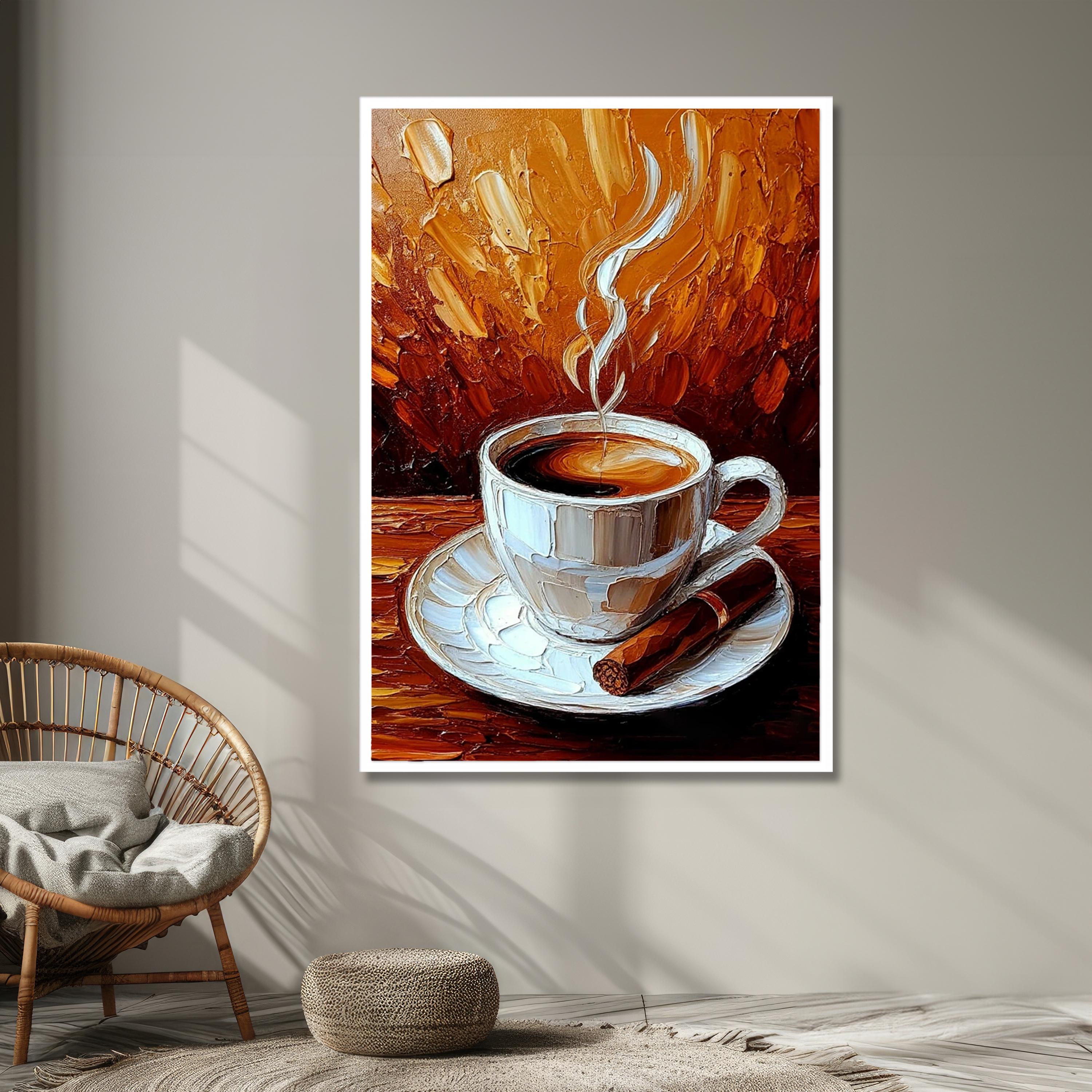 Coffee Cup Canvas Wall Art – Impasto Printing With Rich Brown