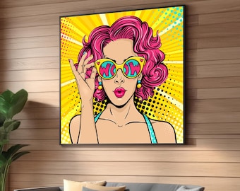 Retro Pop Art Woman with Pink Hair & &#39;WOW&#39; Sunglasses – Vibrant Comic-Style Wall Art - Bold Yellow Sunburst Canvas for Home or Office Decor