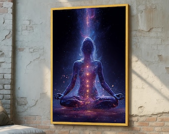 Chakra Energie Erwachen Wand Kunst - Kosmische Meditation Leinwand - Spirituelle Erleuchtung Kunst - Galaxie Frau Yoga Dekor - Energie Meditation Kunst