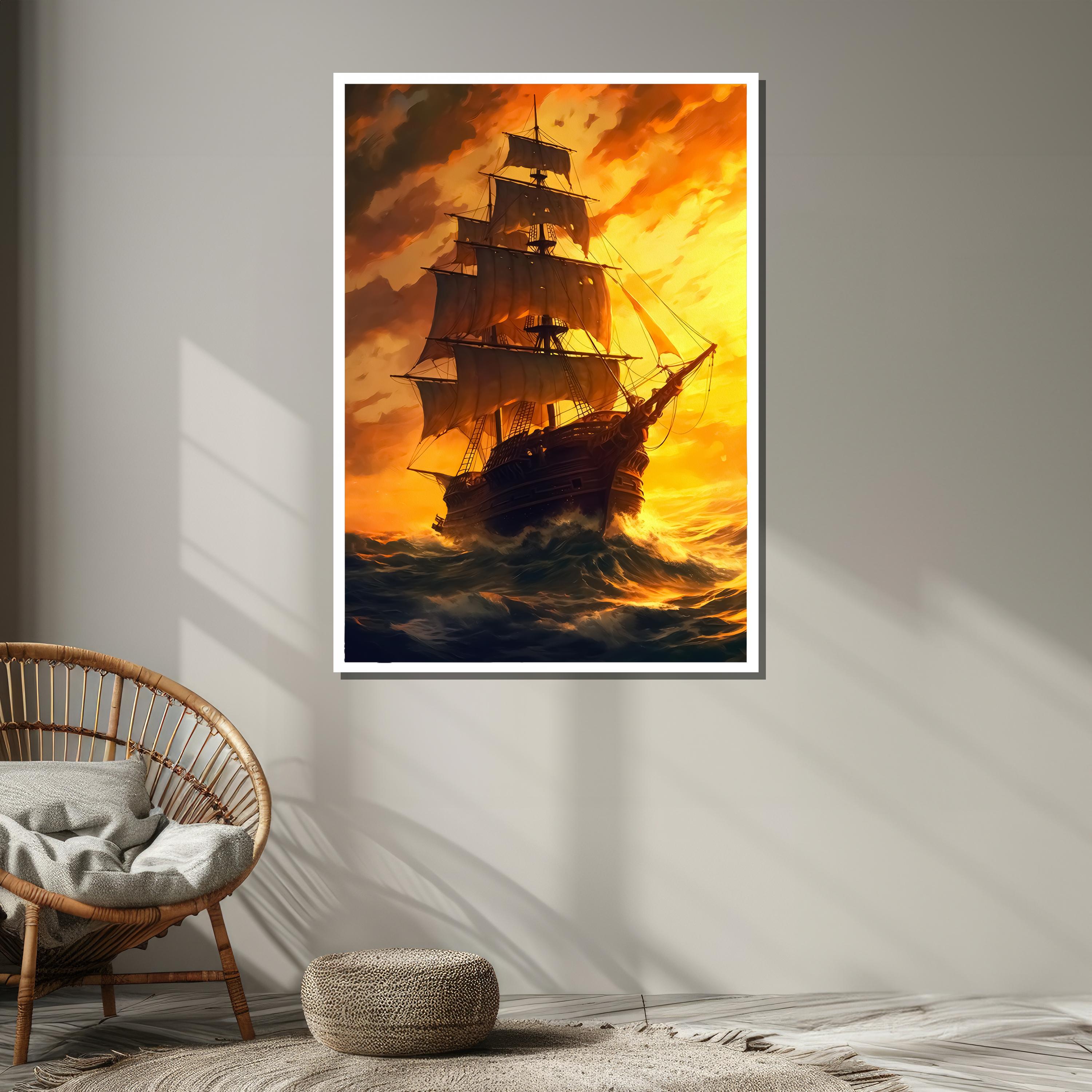 Majestic Sailing Ship at Sunset Canvas Art - Ocean Adventure With