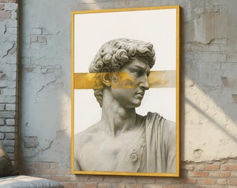David Bust Canvas Wall Art - Modern Classical Statue with Gold Stripe - Minimalist Michelangelo Sculpture Print - Renaissance Wall Decor
