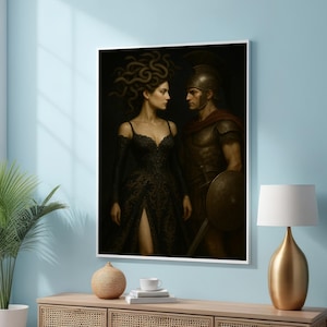 Medusa and Perseus Canvas Art Print – Dark Fantasy Greek Myth Canvas – Gothic Medusa and Perseus Decor - Mythological Ready-to-Hang Wall Art