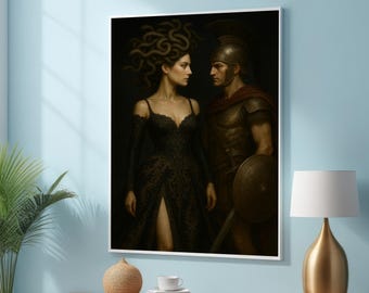 Medusa and Perseus Canvas Art Print – Dark Fantasy Greek Myth Canvas – Gothic Medusa and Perseus Decor - Mythological Ready-to-Hang Wall Art