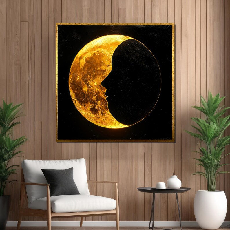 May include: A gold crescent moon with a dark silhouette of a face inside, against a black background.
