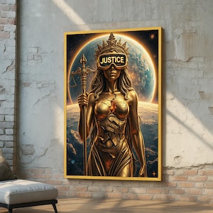 May include: A framed artwork depicting a golden statue of a woman with a crown and a staff, set against a backdrop of a planet and a glowing sun. The statue has the word "JUSTICE" on her visor. The artwork is displayed on a brick wall.
