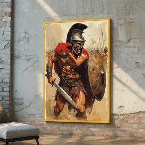 Spartan Warrior Canvas Wall Art – Epic Ancient Soldier Digital Painting - Gladiator Battle Scene - Bold Masculine Decor - Ready to Hang Art
