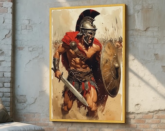 May include: A framed artwork depicting a muscular warrior in ancient Greek attire, holding a sword and shield. The warrior wears a helmet and red cape, with a battle scene in the background. The artwork is in a gold frame.