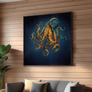 Golden Octopus Canvas Print – Elegant Marine Wall Art with Blue and Gold Details – Luxurious Sea Creature Decor for Living Room or Office