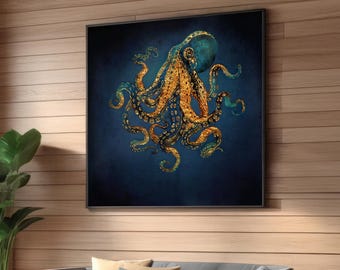 Golden Octopus Canvas Print – Elegant Marine Wall Art with Blue and Gold Details – Luxurious Sea Creature Decor for Living Room or Office
